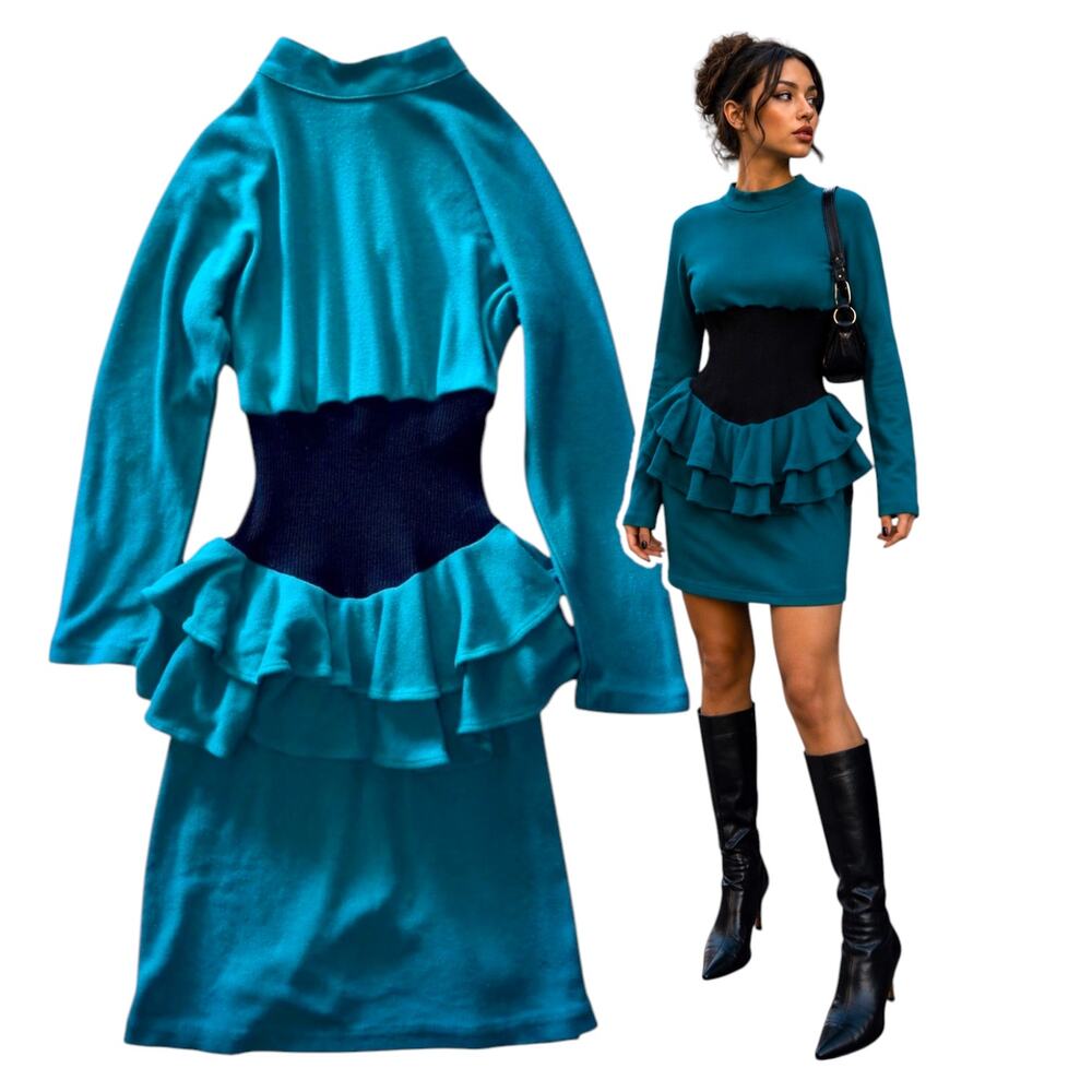 Vtg 70s 80s Peplum Sweater Dress Size 7/8 Teal Black Knit Ruffled Party Pinup